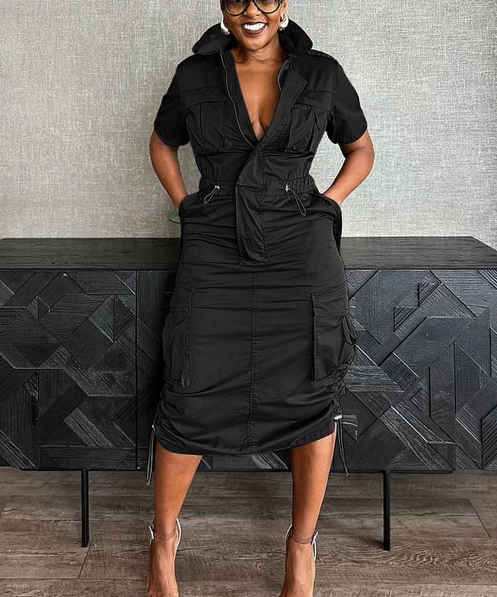 Olive Green Cargo Midi Utility Dress with Drawstring Waist
