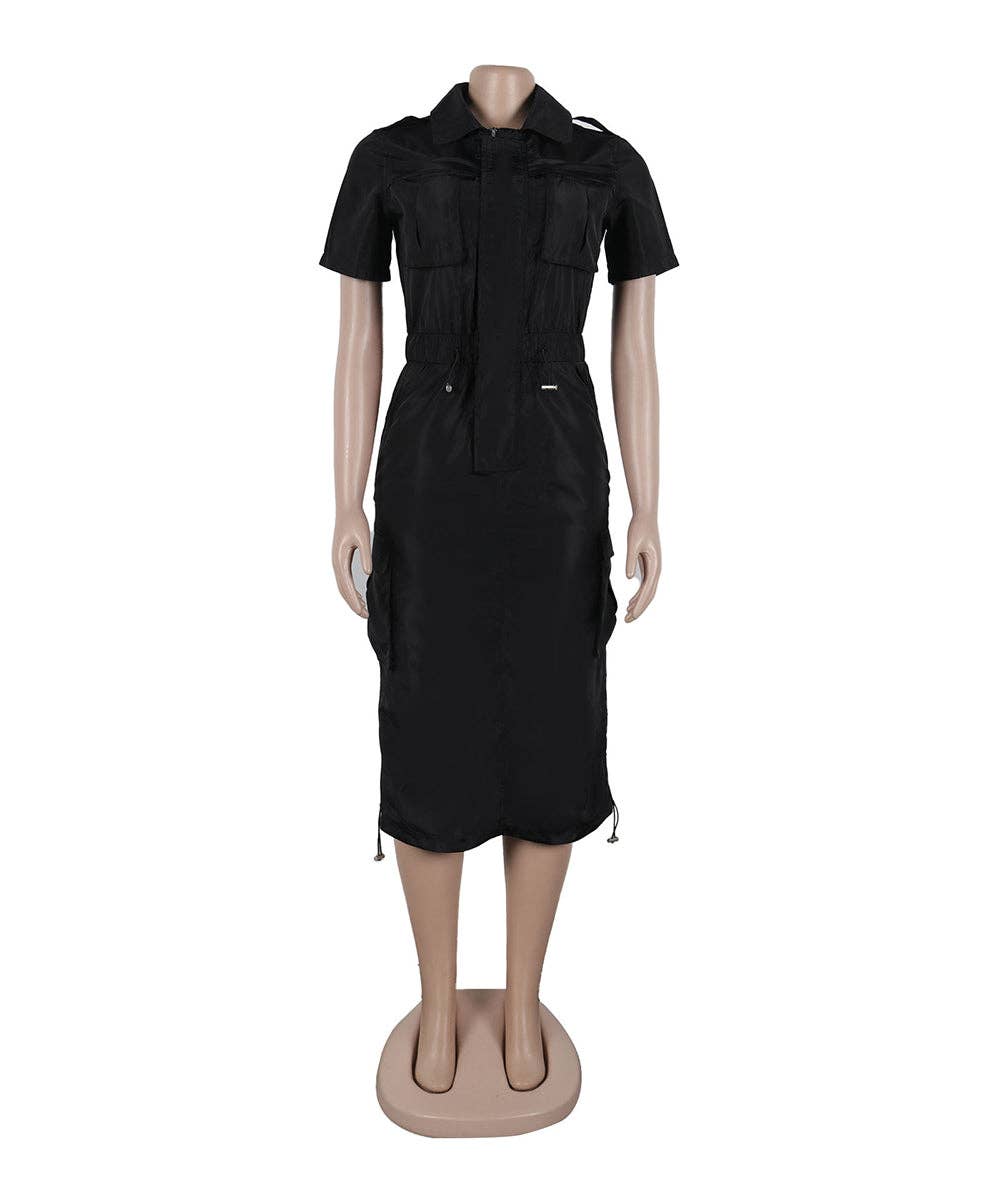 Olive Green Cargo Midi Utility Dress with Drawstring Waist