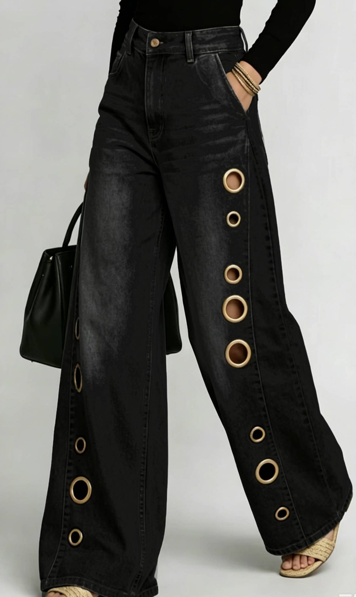 Black Wide-Leg Jeans with Gold Grommet Details