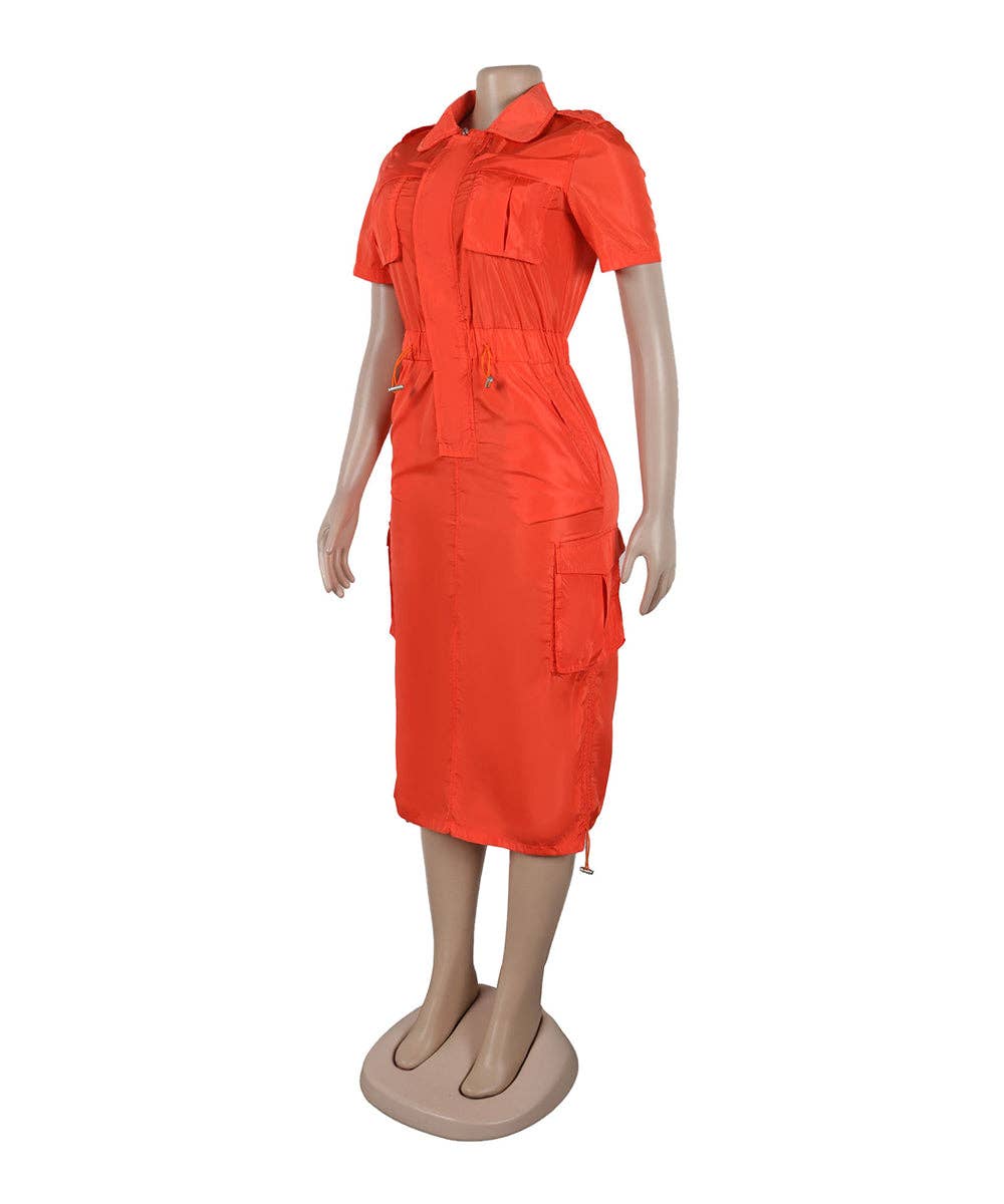 Olive Green Cargo Midi Utility Dress with Drawstring Waist