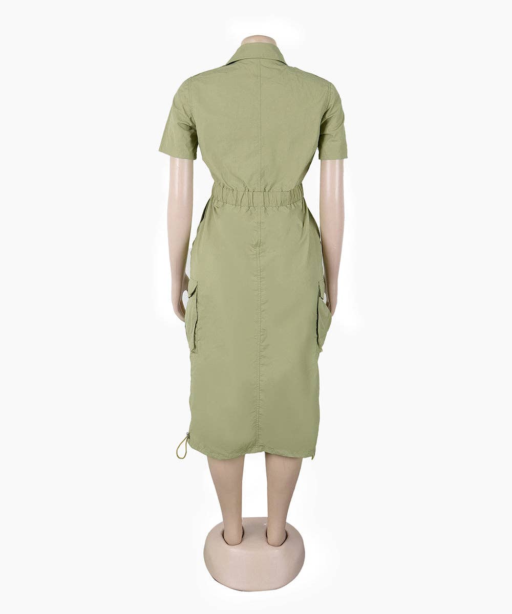 Olive Green Cargo Midi Utility Dress with Drawstring Waist