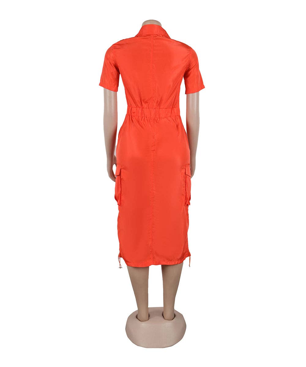 Olive Green Cargo Midi Utility Dress with Drawstring Waist