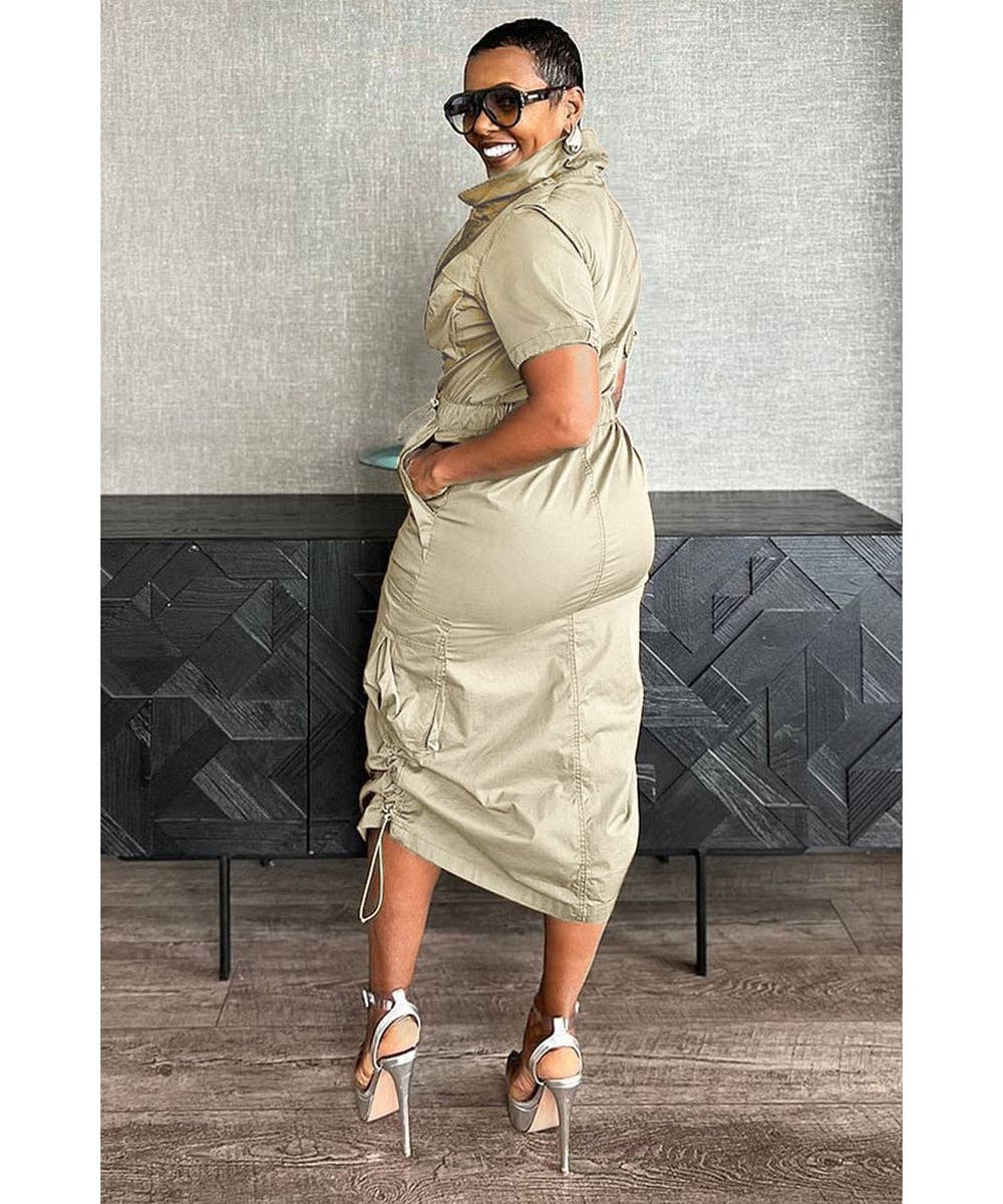 Olive Green Cargo Midi Utility Dress with Drawstring Waist