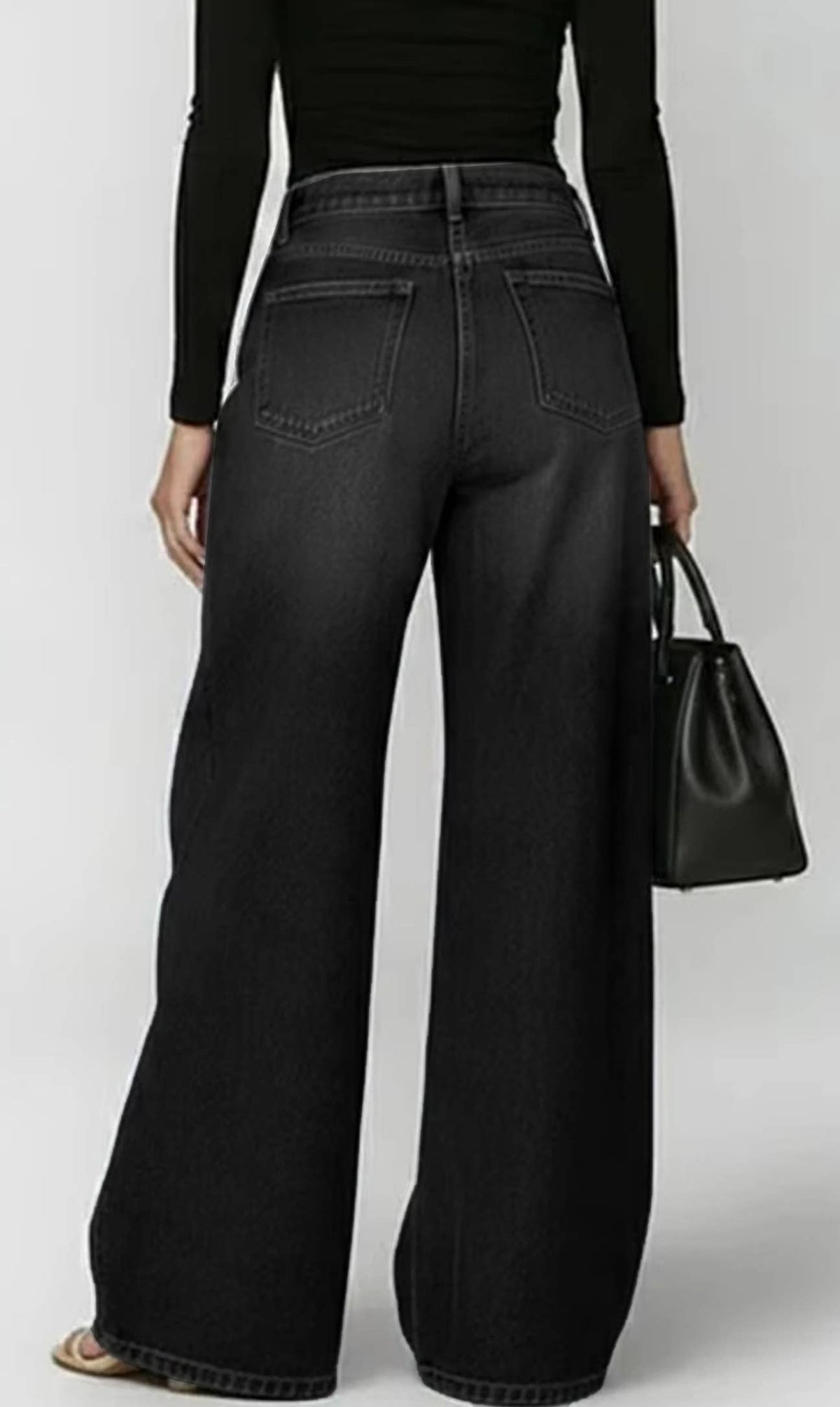 Black Wide-Leg Jeans with Gold Grommet Details