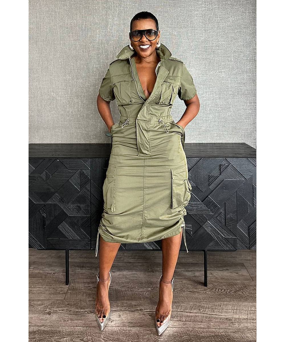 Olive Green Cargo Midi Utility Dress with Drawstring Waist