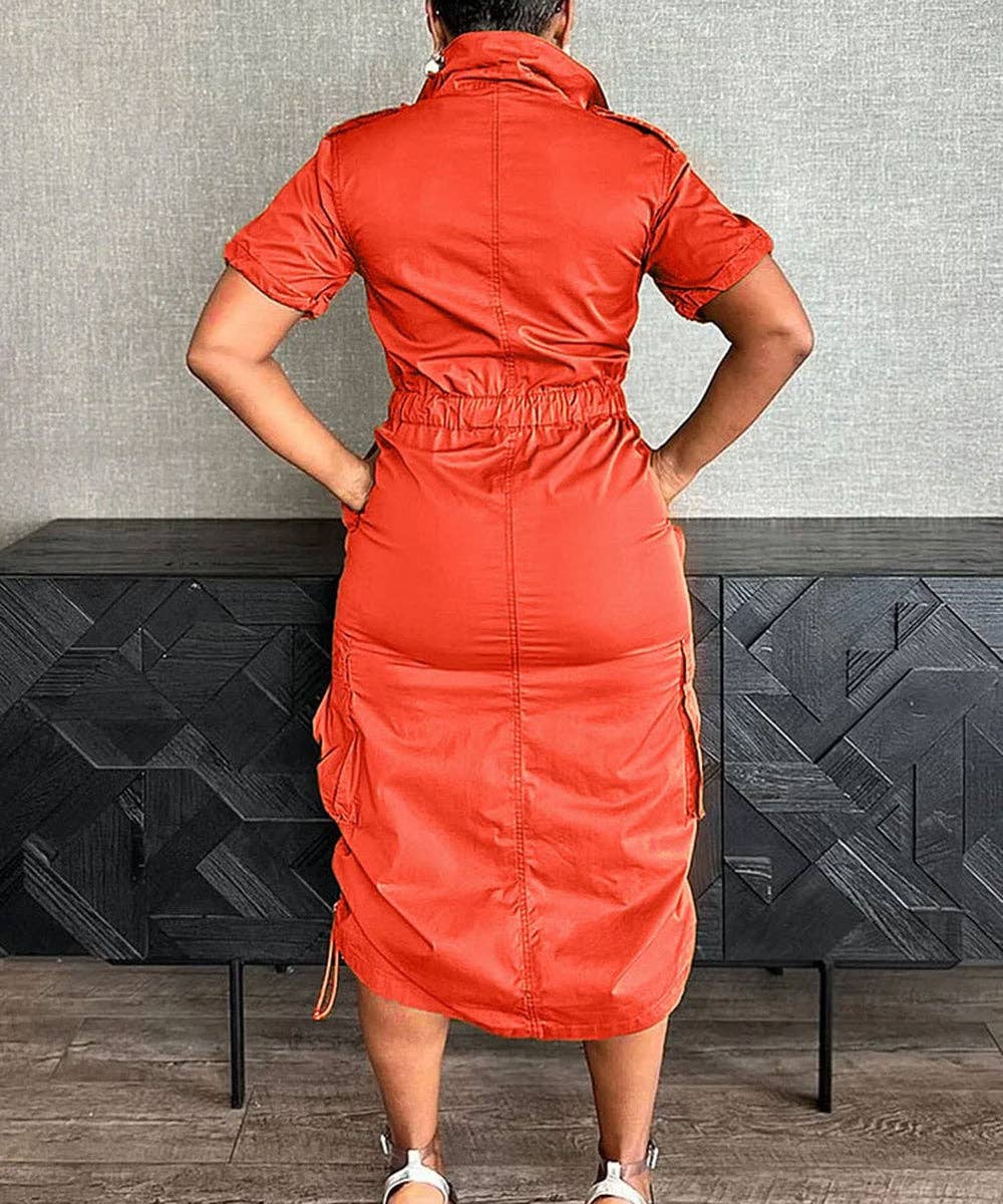 Olive Green Cargo Midi Utility Dress with Drawstring Waist