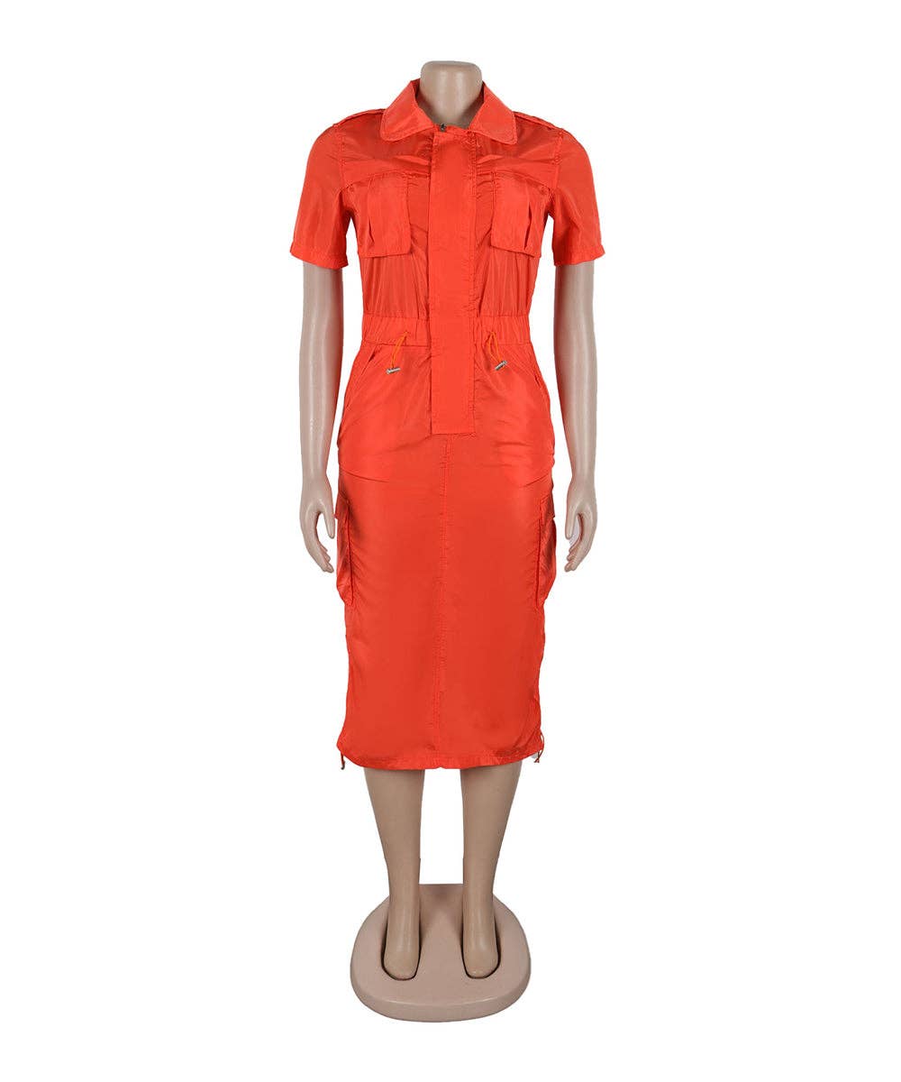 Olive Green Cargo Midi Utility Dress with Drawstring Waist
