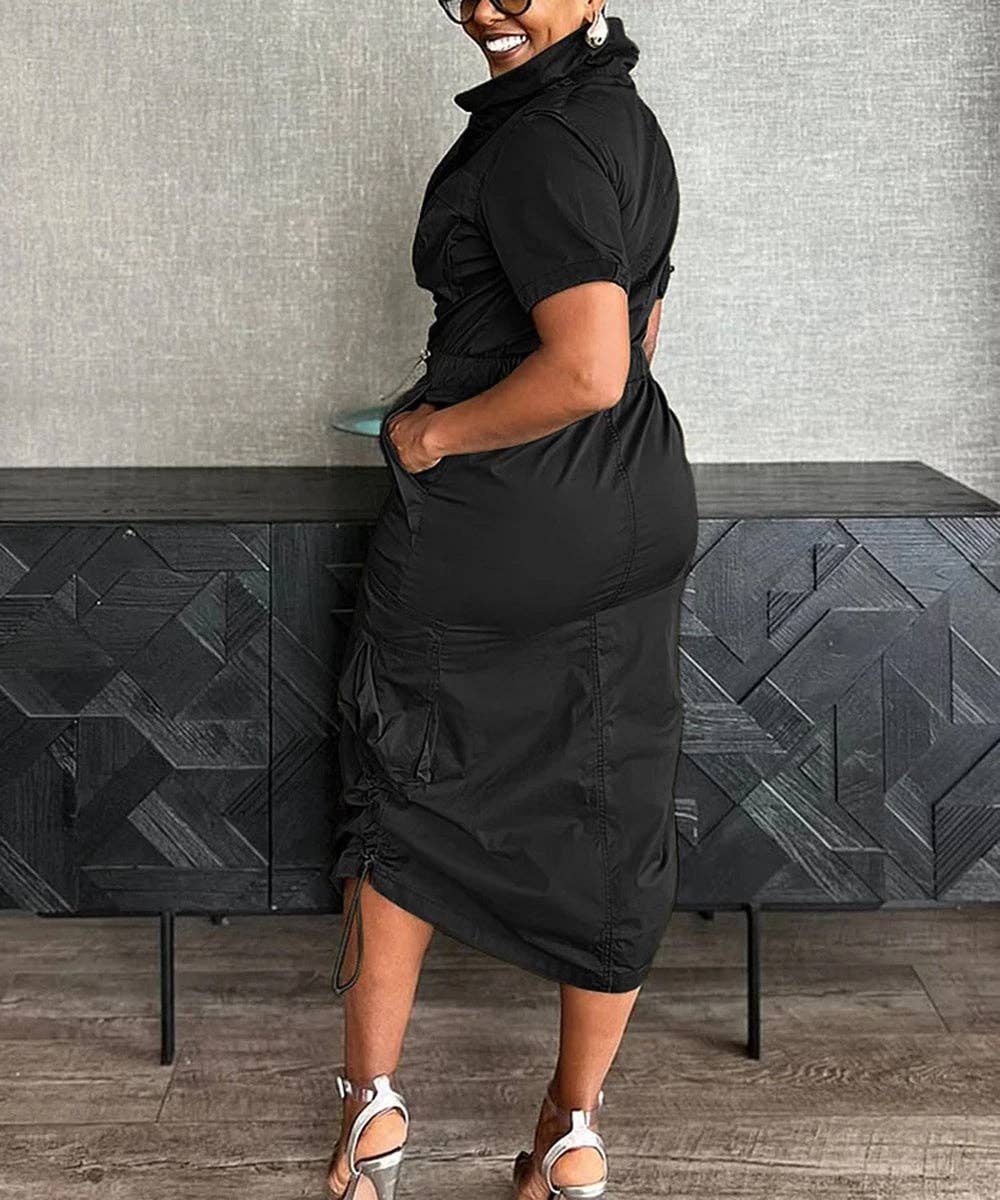 Olive Green Cargo Midi Utility Dress with Drawstring Waist