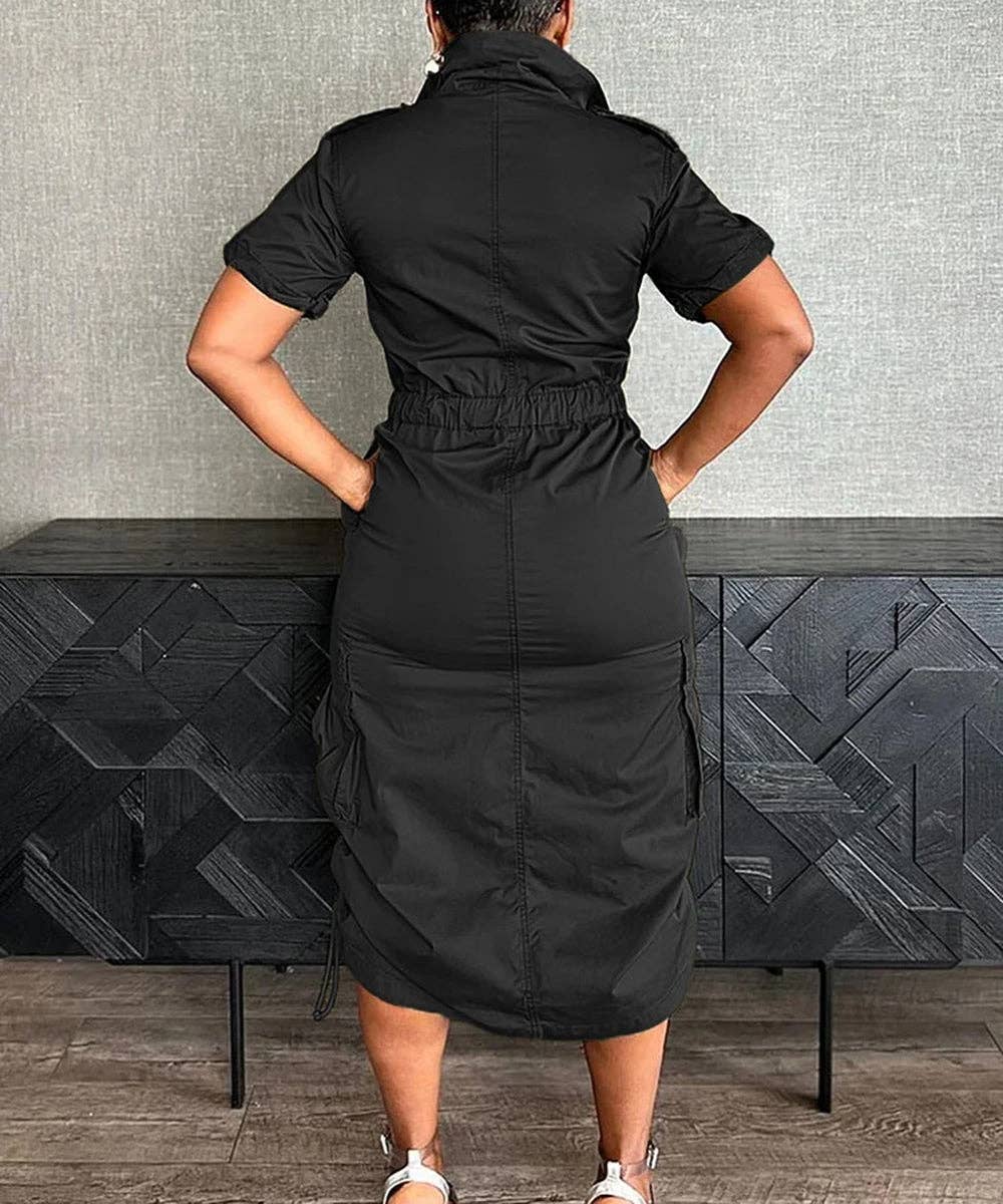 Olive Green Cargo Midi Utility Dress with Drawstring Waist