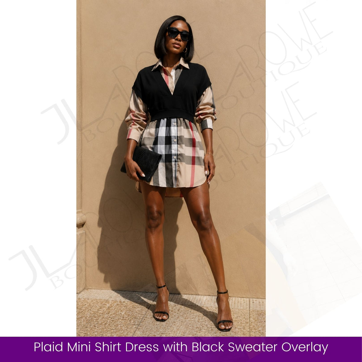 Plaid Mini Shirt Dress with Black Sweater Overlay