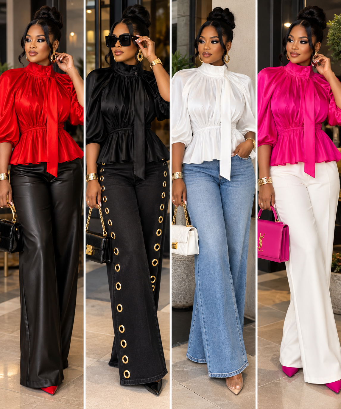 Fuchsia Satin Balloon Sleeve Tie-Neck Peplum Blouse