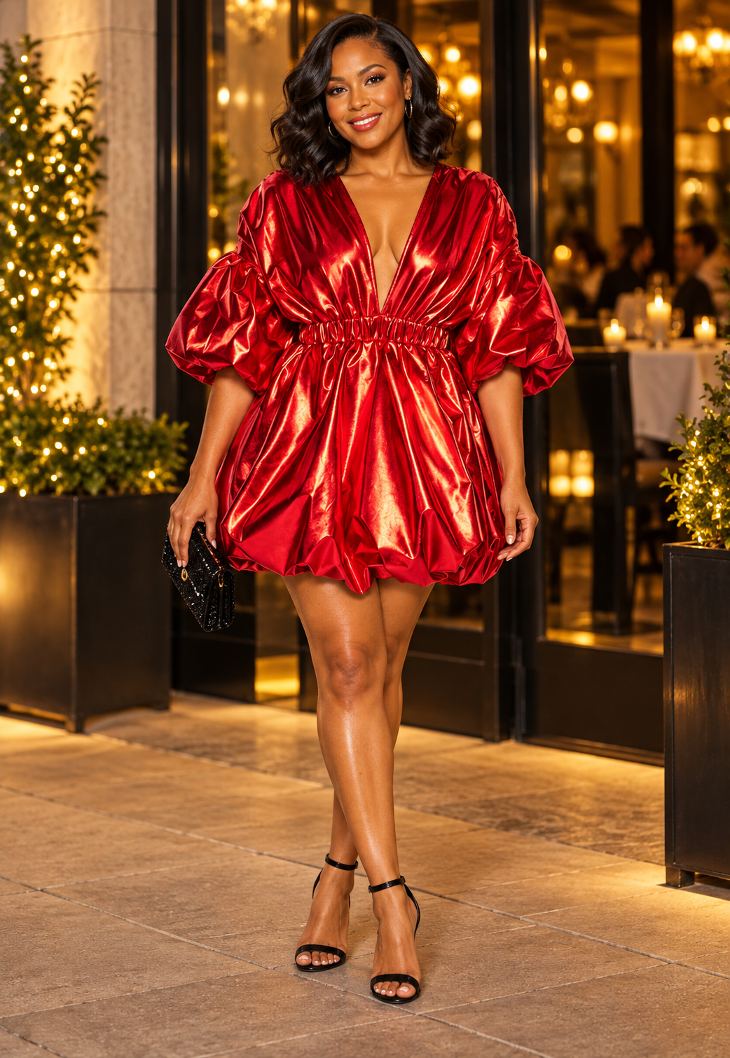 Metallic Puff Sleeve Bubble Hem Mini Party Dress