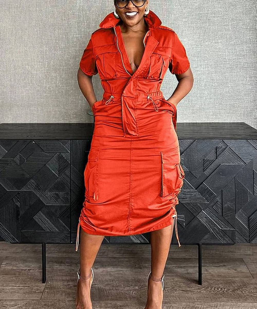 Olive Green Cargo Midi Utility Dress with Drawstring Waist