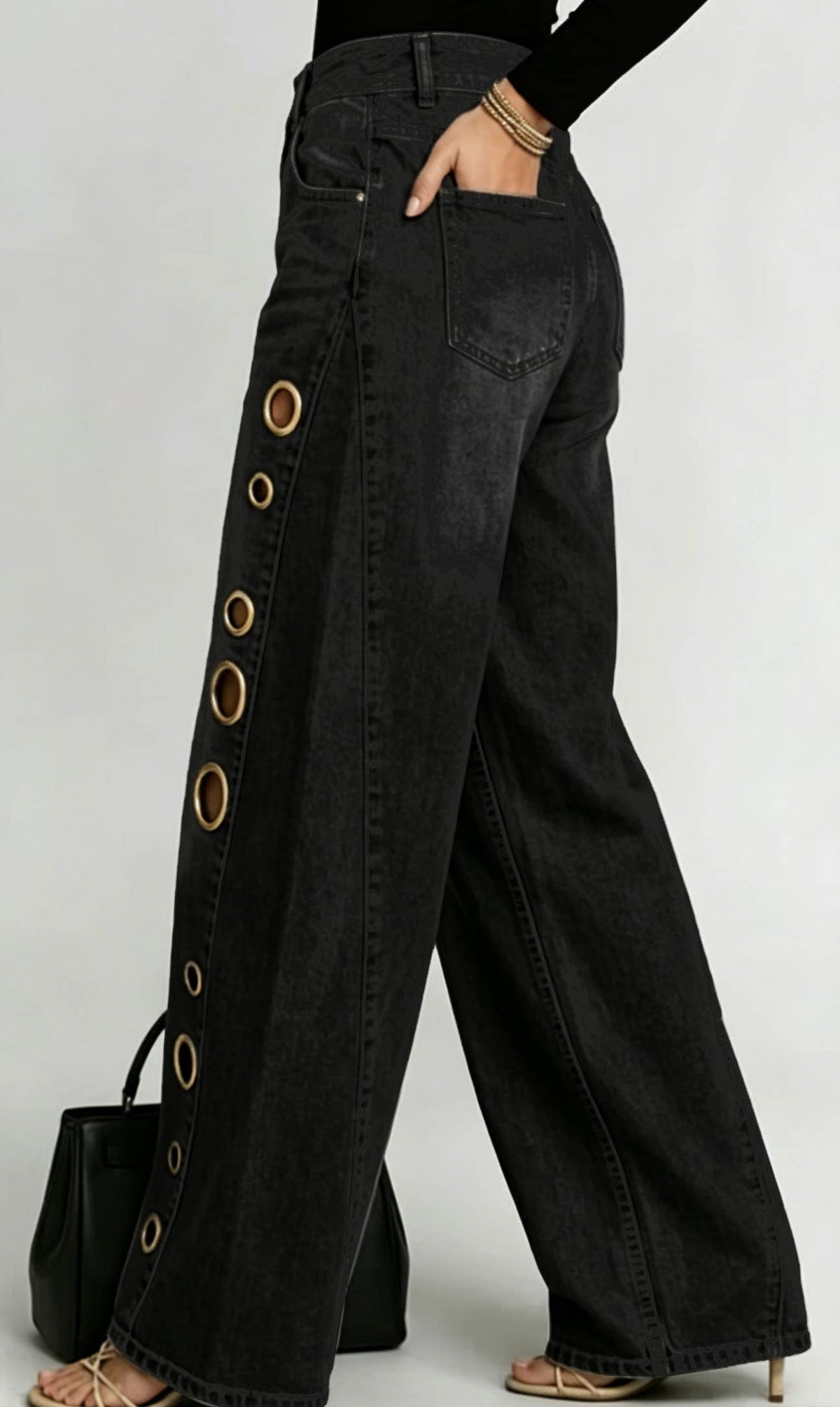 Black Wide-Leg Jeans with Gold Grommet Details