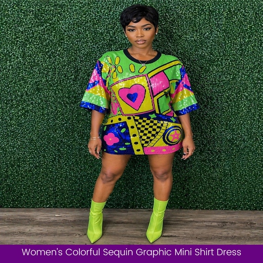 Women’s Colorful Sequin Graphic Mini Shirt Dress