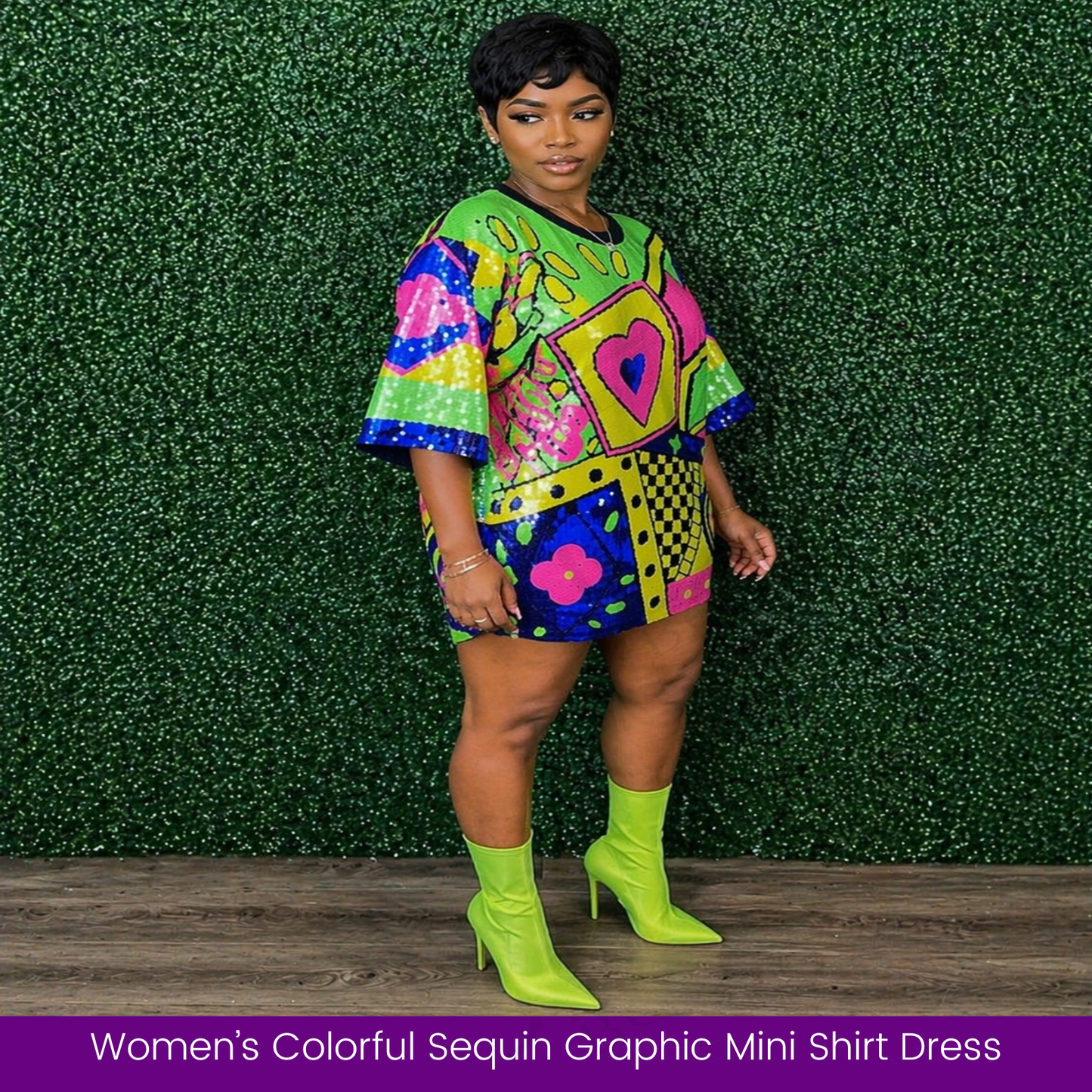 Women’s Colorful Sequin Graphic Mini Shirt Dress