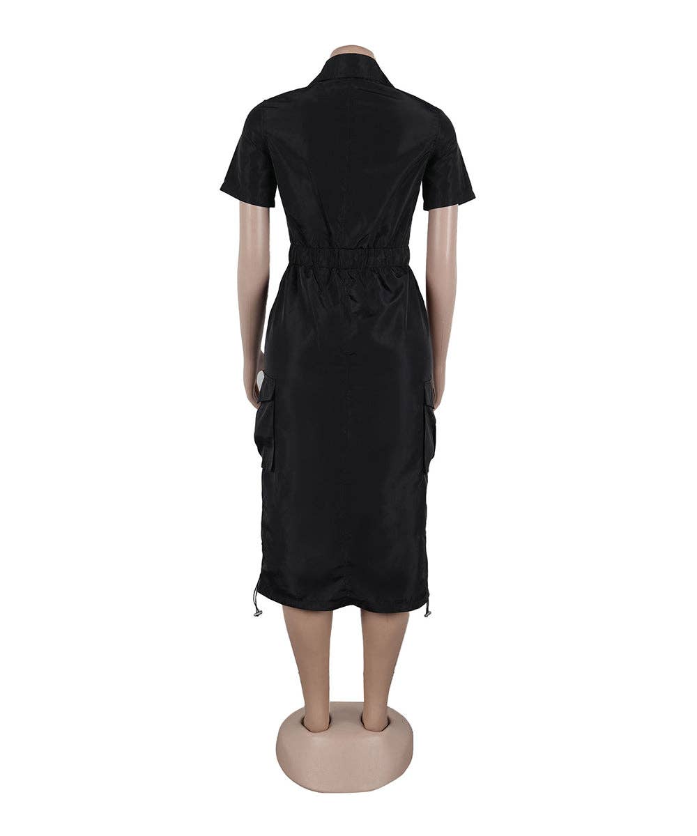 Olive Green Cargo Midi Utility Dress with Drawstring Waist
