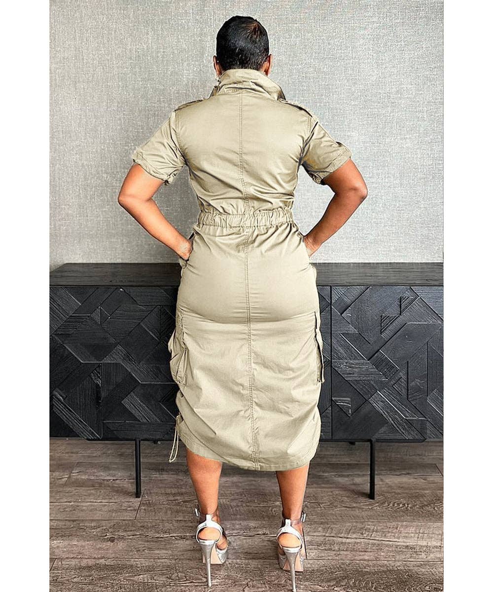 Olive Green Cargo Midi Utility Dress with Drawstring Waist