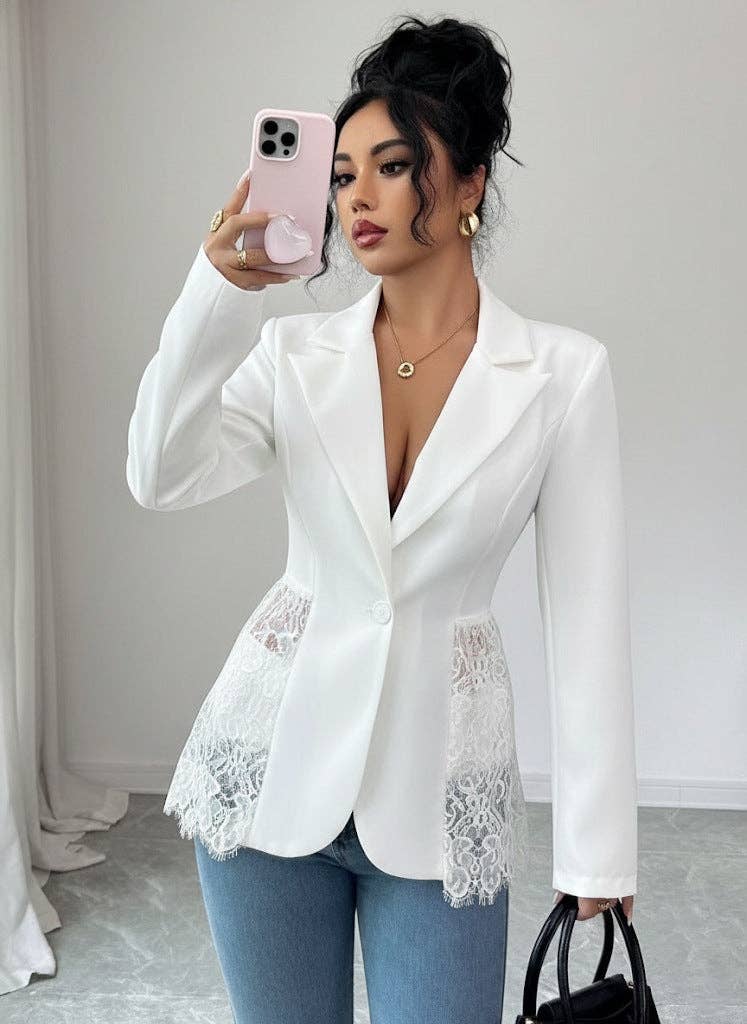 Women’s Black Lace-Inset Fitted A-Line Blazer