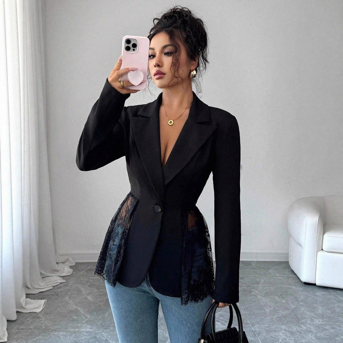 Women’s Black Lace-Inset Fitted A-Line Blazer