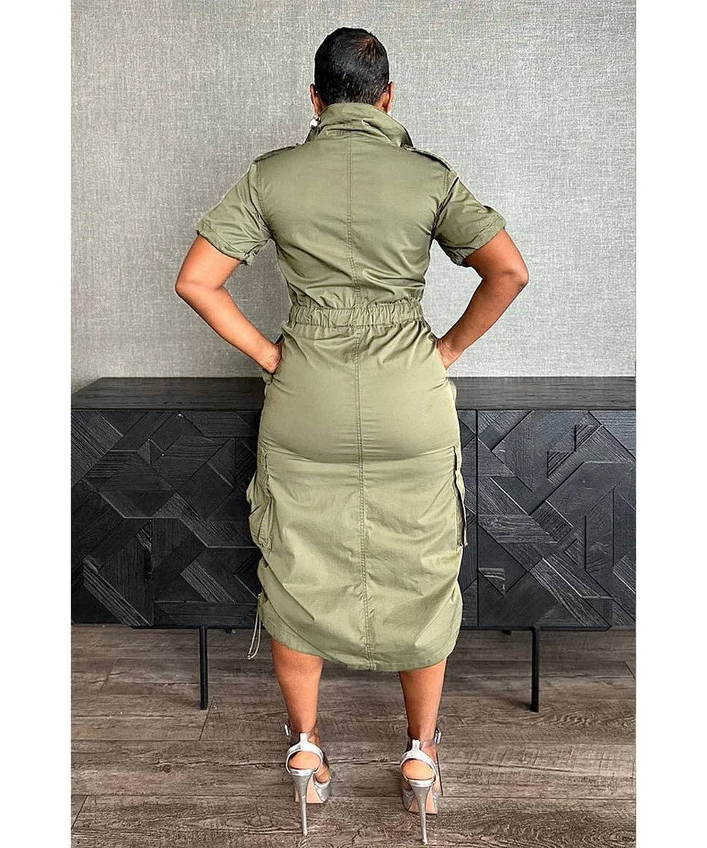 Olive Green Cargo Midi Utility Dress with Drawstring Waist