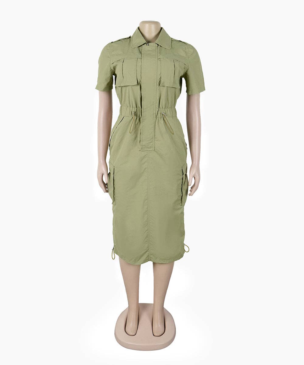 Olive Green Cargo Midi Utility Dress with Drawstring Waist