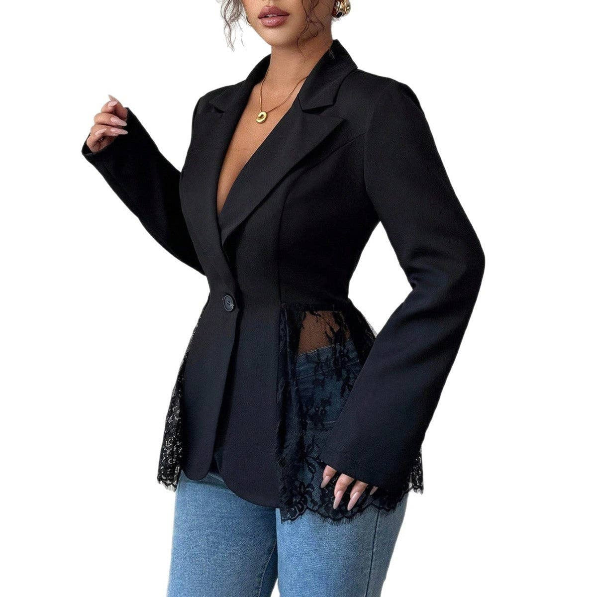 Women’s Black Lace-Inset Fitted A-Line Blazer