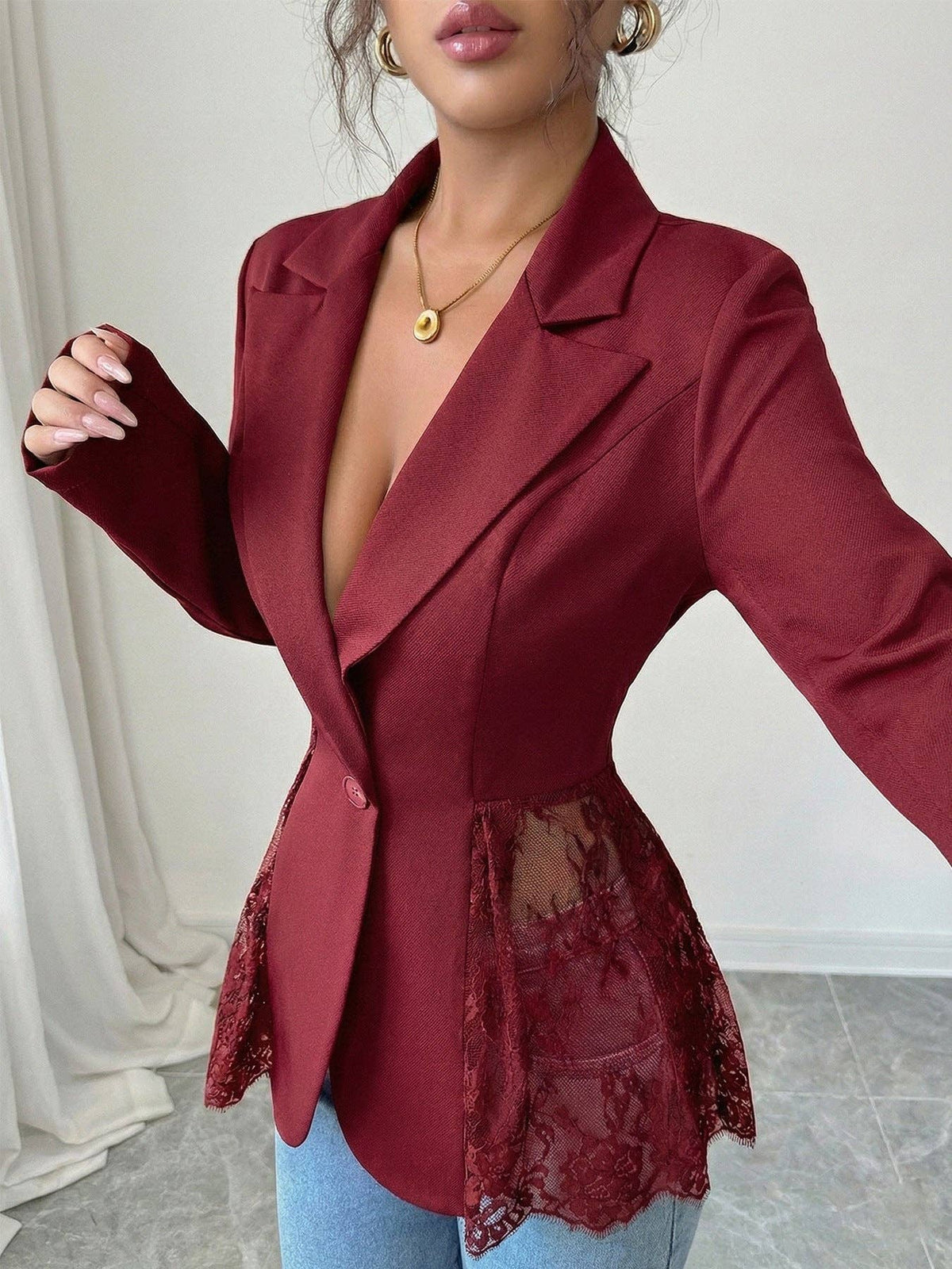Women’s Black Lace-Inset Fitted A-Line Blazer
