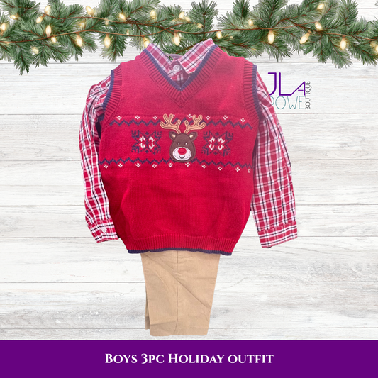 Boys’ Holiday 3-Piece Reindeer Sweater Vest Set