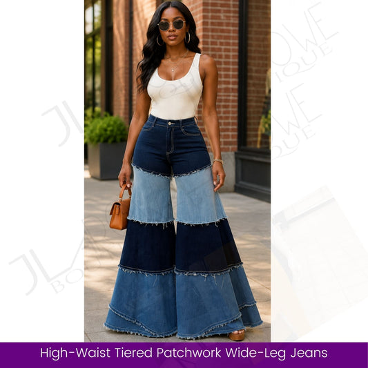 High-Waist Tiered Patchwork Wide-Leg Jeans