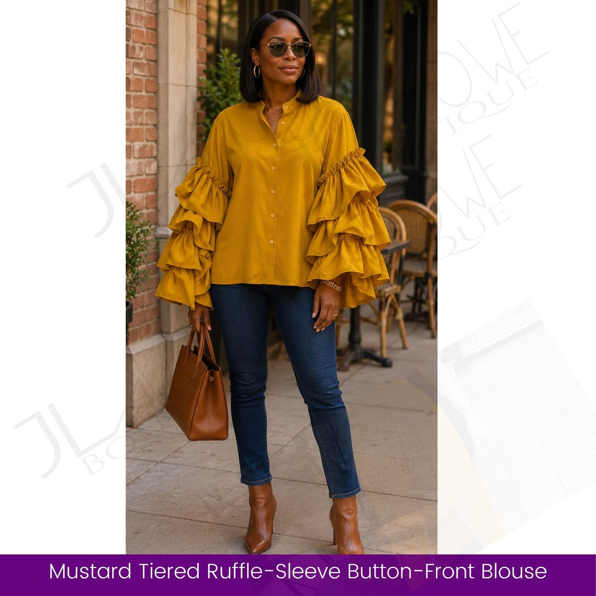 Mustard Tiered Ruffle-Sleeve Button-Front Blouse