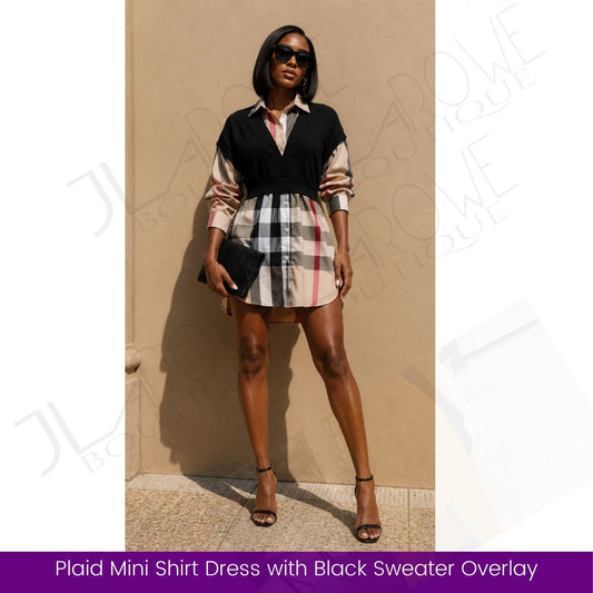 Plaid Mini Shirt Dress with Black Sweater Overlay