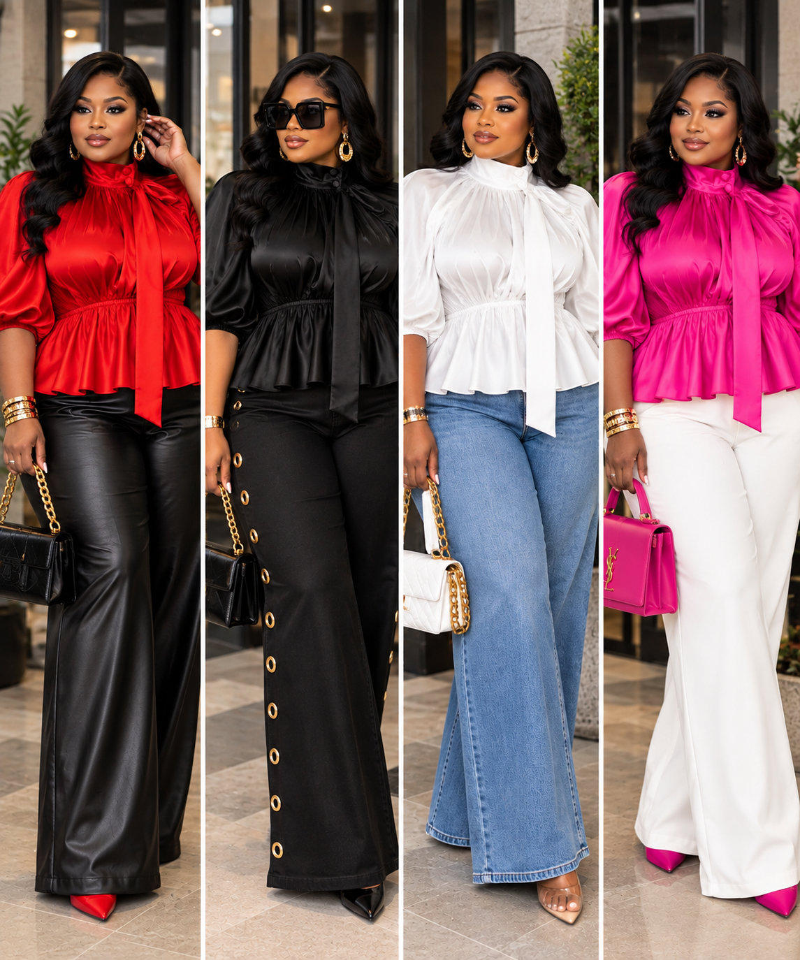 Fuchsia Satin Balloon Sleeve Tie-Neck Peplum Blouse