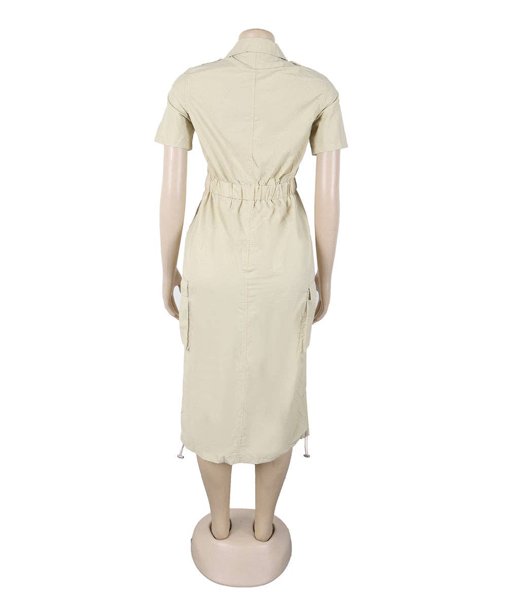 Olive Green Cargo Midi Utility Dress with Drawstring Waist