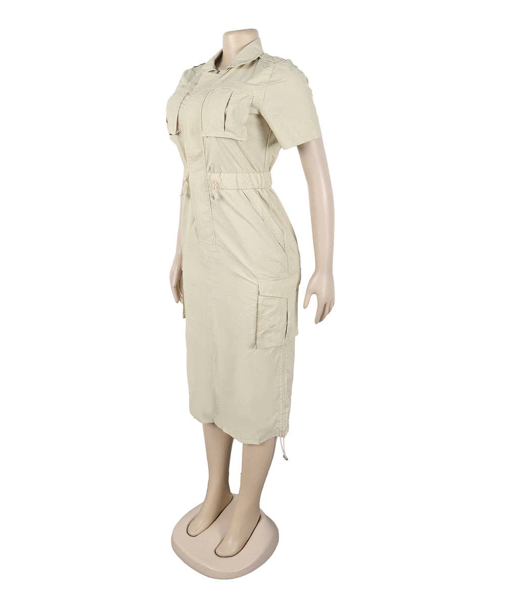 Olive Green Cargo Midi Utility Dress with Drawstring Waist