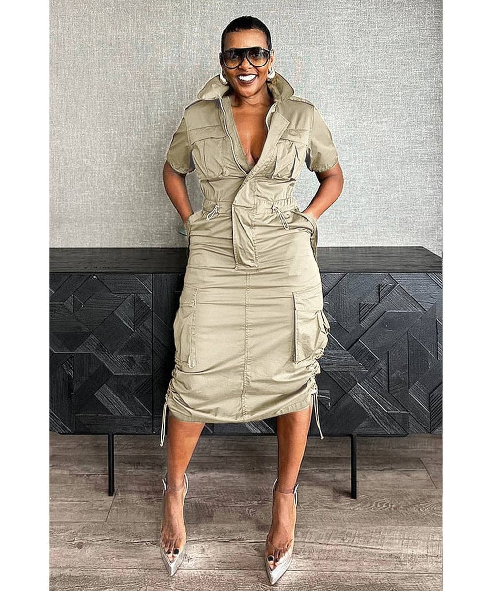 Olive Green Cargo Midi Utility Dress with Drawstring Waist