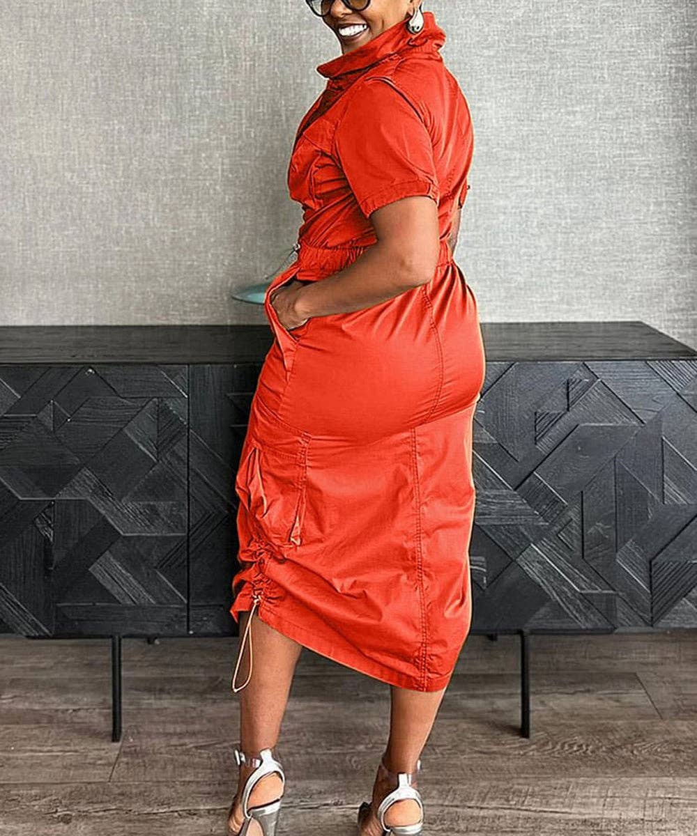 Olive Green Cargo Midi Utility Dress with Drawstring Waist