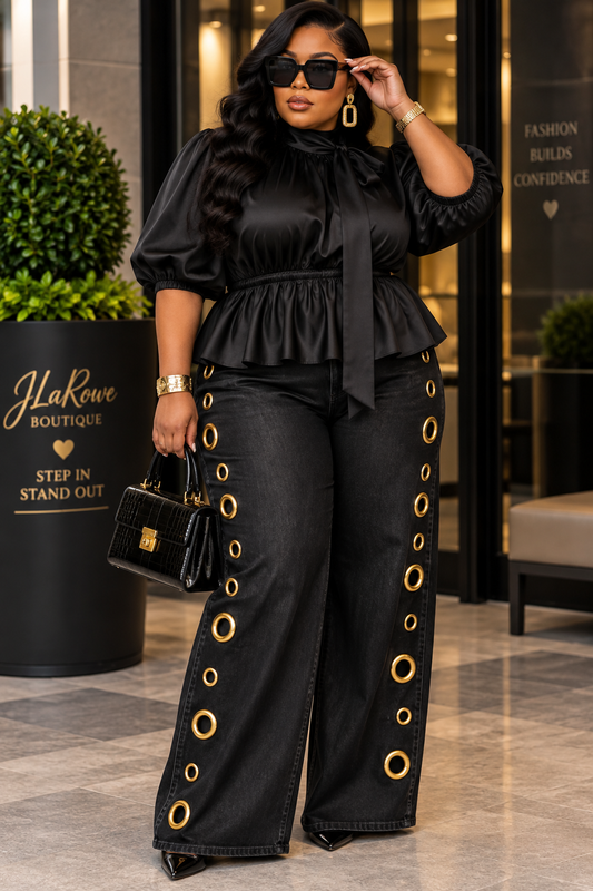 Black Satin Balloon Sleeve Tie-Neck Peplum Blouse