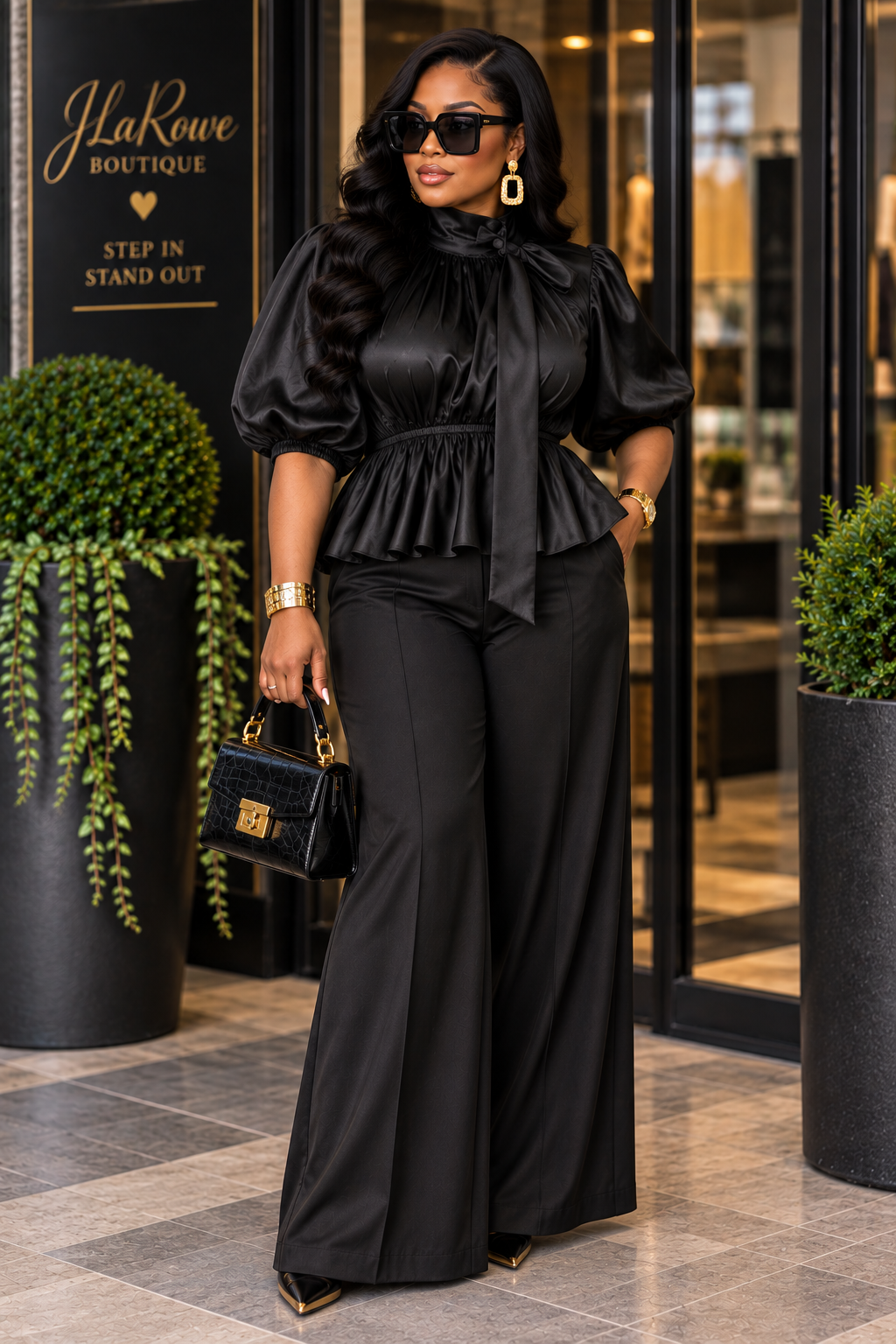 Black Satin Balloon Sleeve Tie-Neck Peplum Blouse