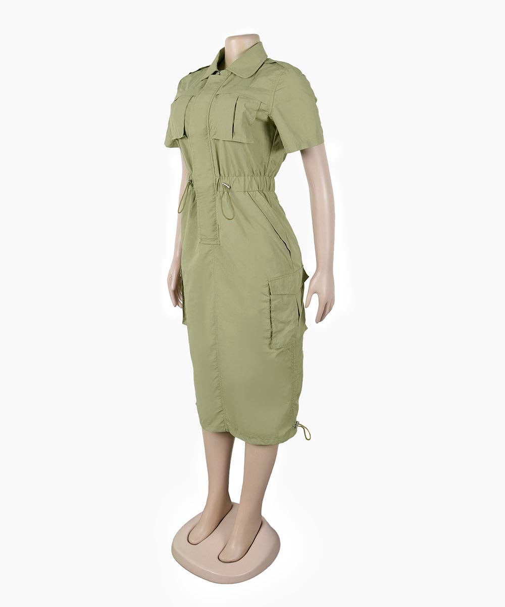 Olive Green Cargo Midi Utility Dress with Drawstring Waist