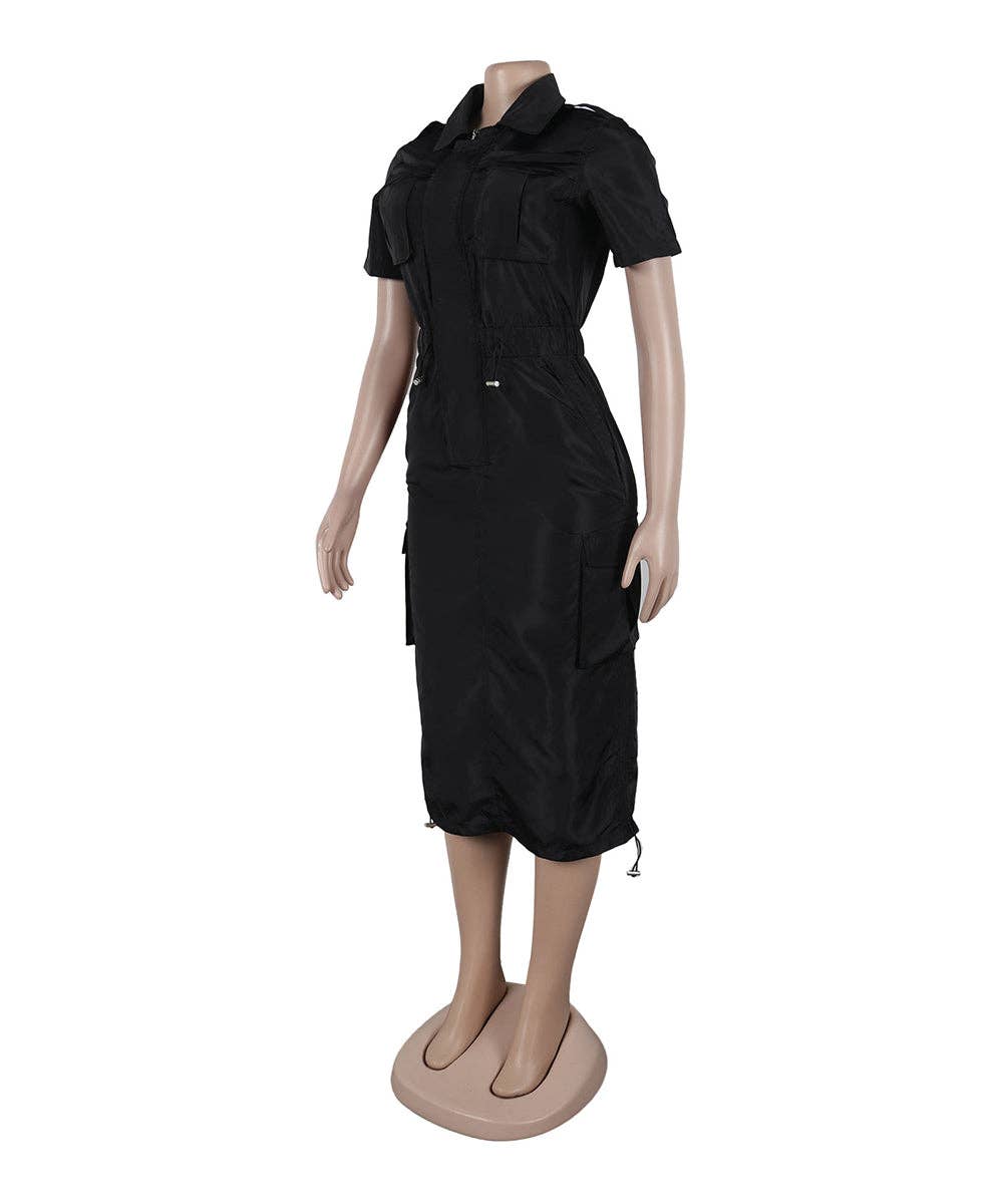 Olive Green Cargo Midi Utility Dress with Drawstring Waist