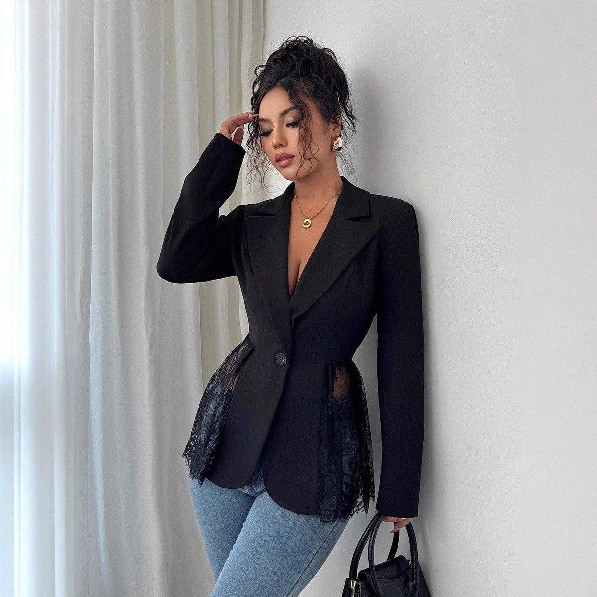 Women’s Black Lace-Inset Fitted A-Line Blazer