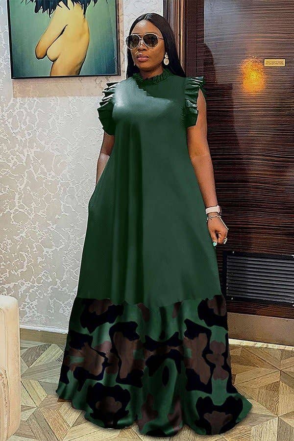 Forest Green Ruffle Sleeve Maxi Dress with Camo Print Hem