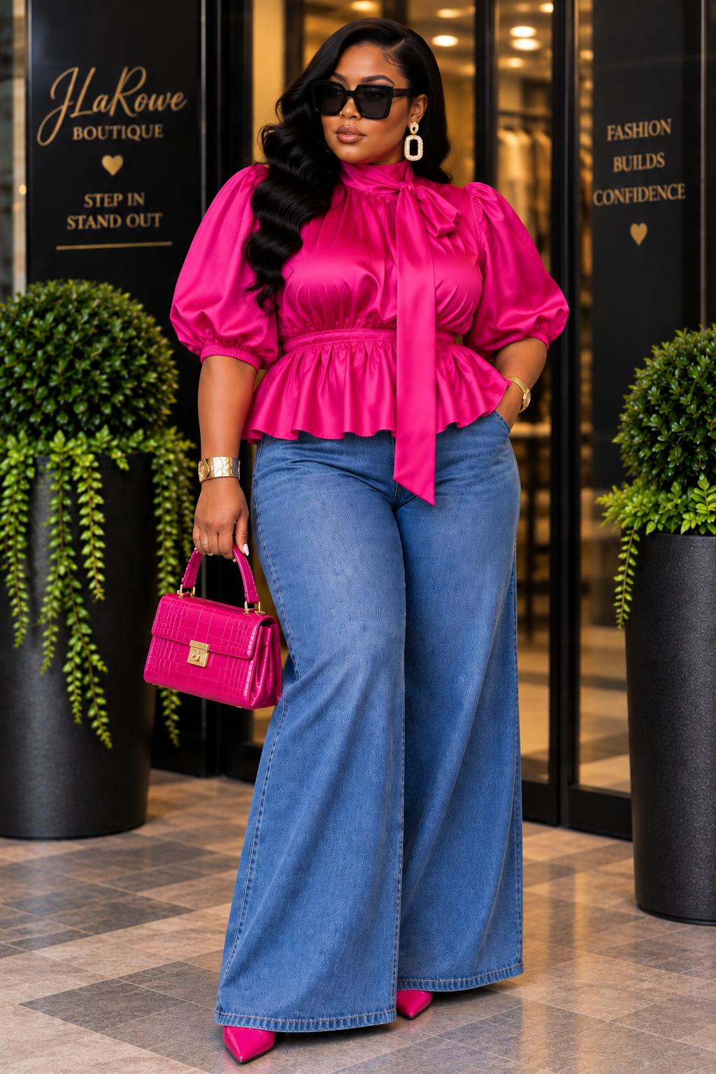 Fuchsia Satin Balloon Sleeve Tie-Neck Peplum Blouse