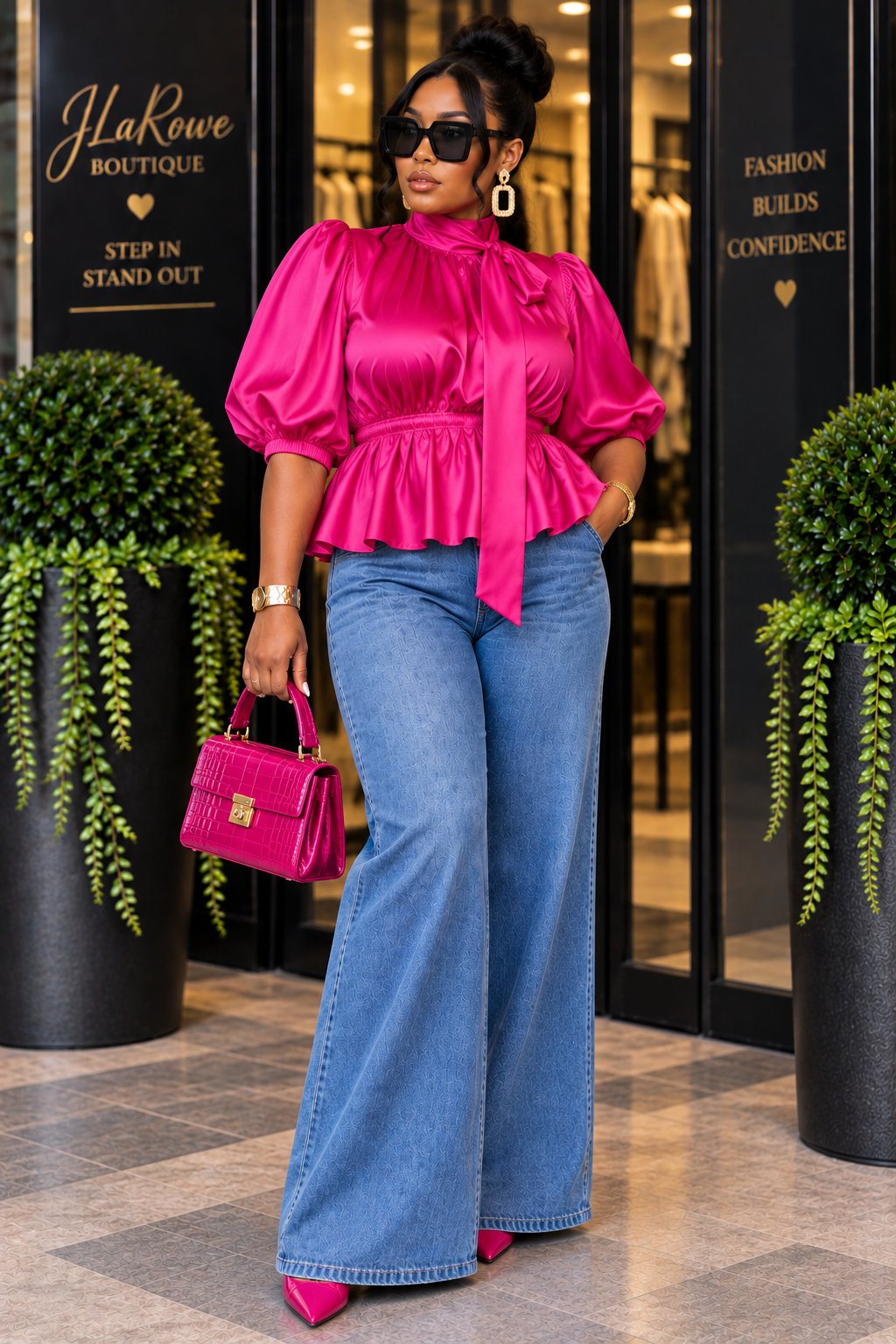 Fuchsia Satin Balloon Sleeve Tie-Neck Peplum Blouse
