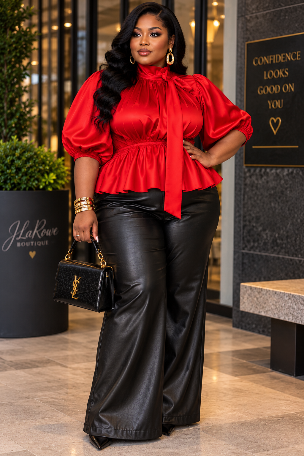 Red Satin Balloon Sleeve Tie-Neck Peplum Blouse