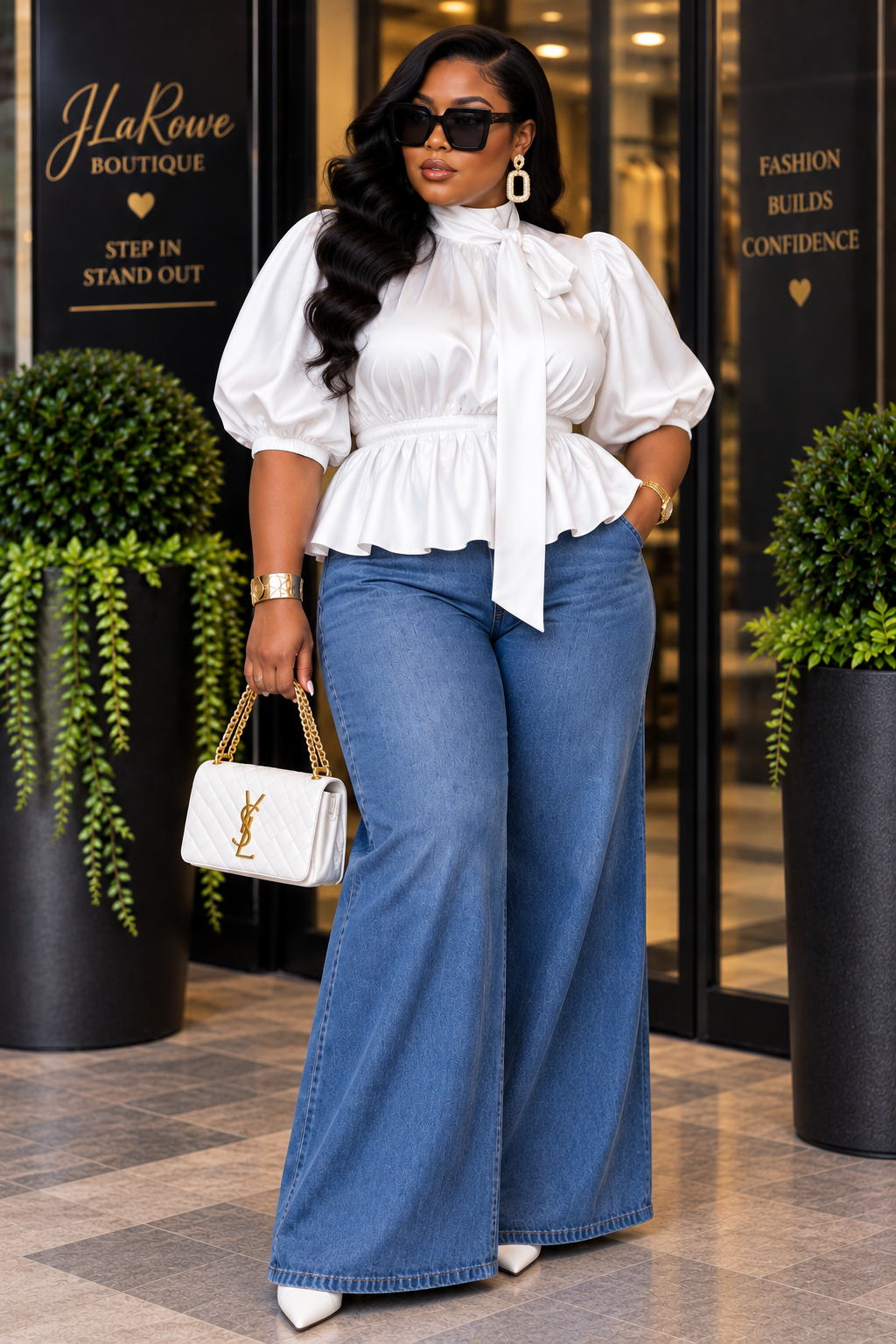 White Satin Balloon Sleeve Tie-Neck Peplum Blouse