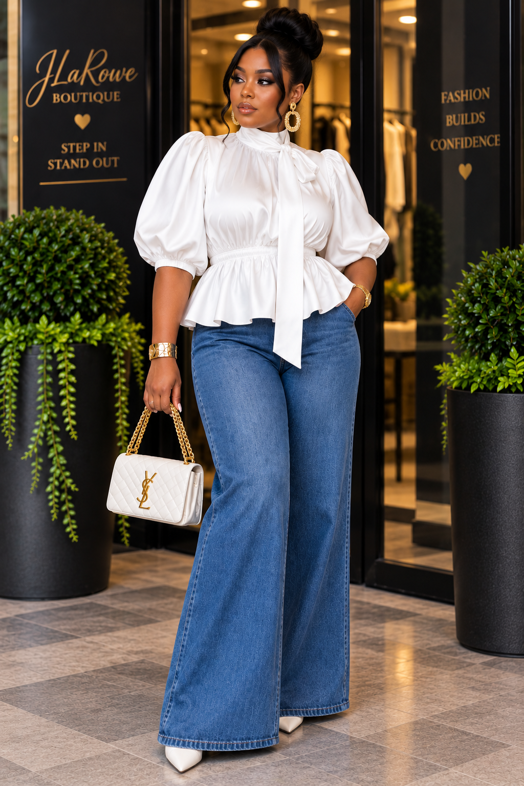 White Satin Balloon Sleeve Tie-Neck Peplum Blouse