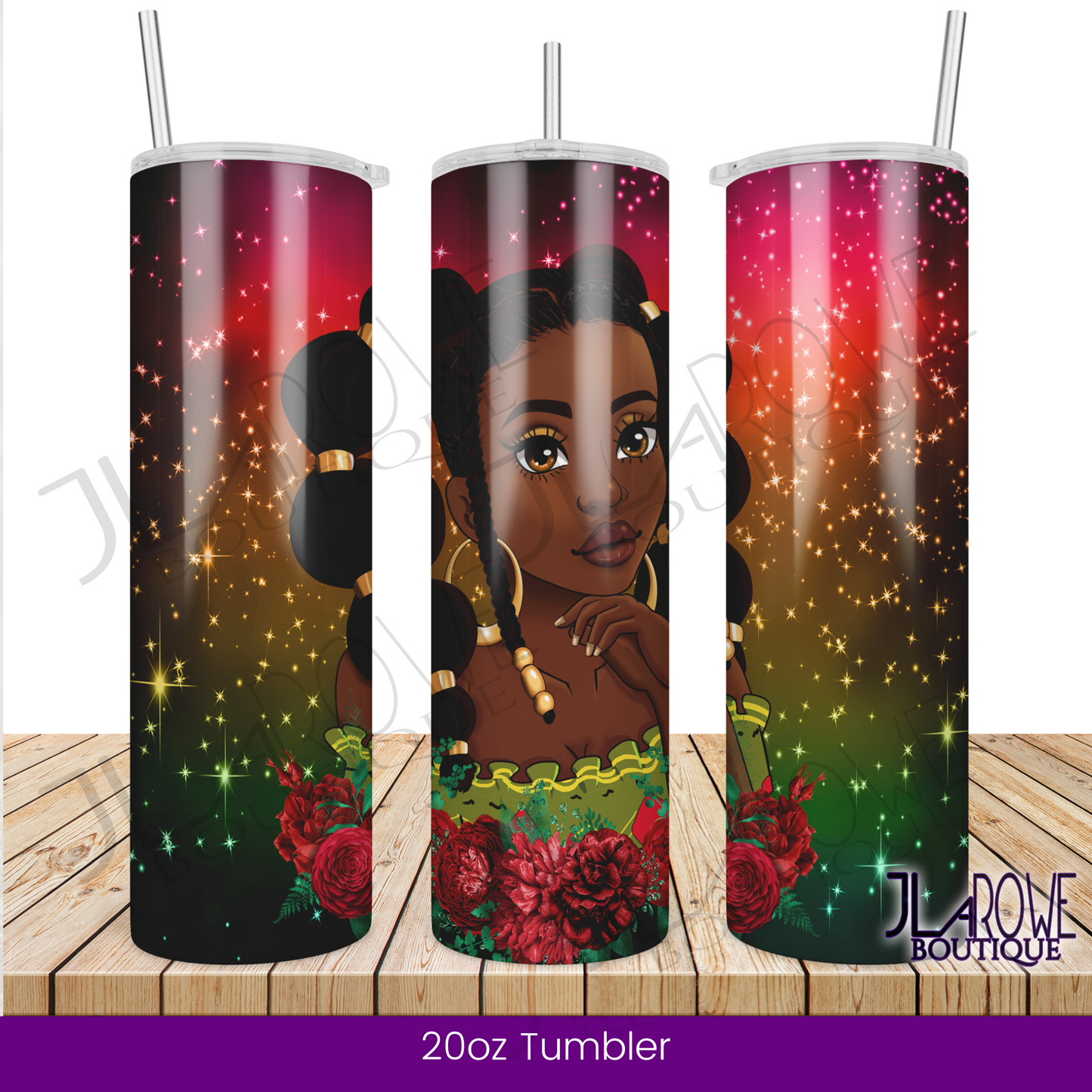 African American Teen, Black princess with pony tails and roses - 20oz Tumbler